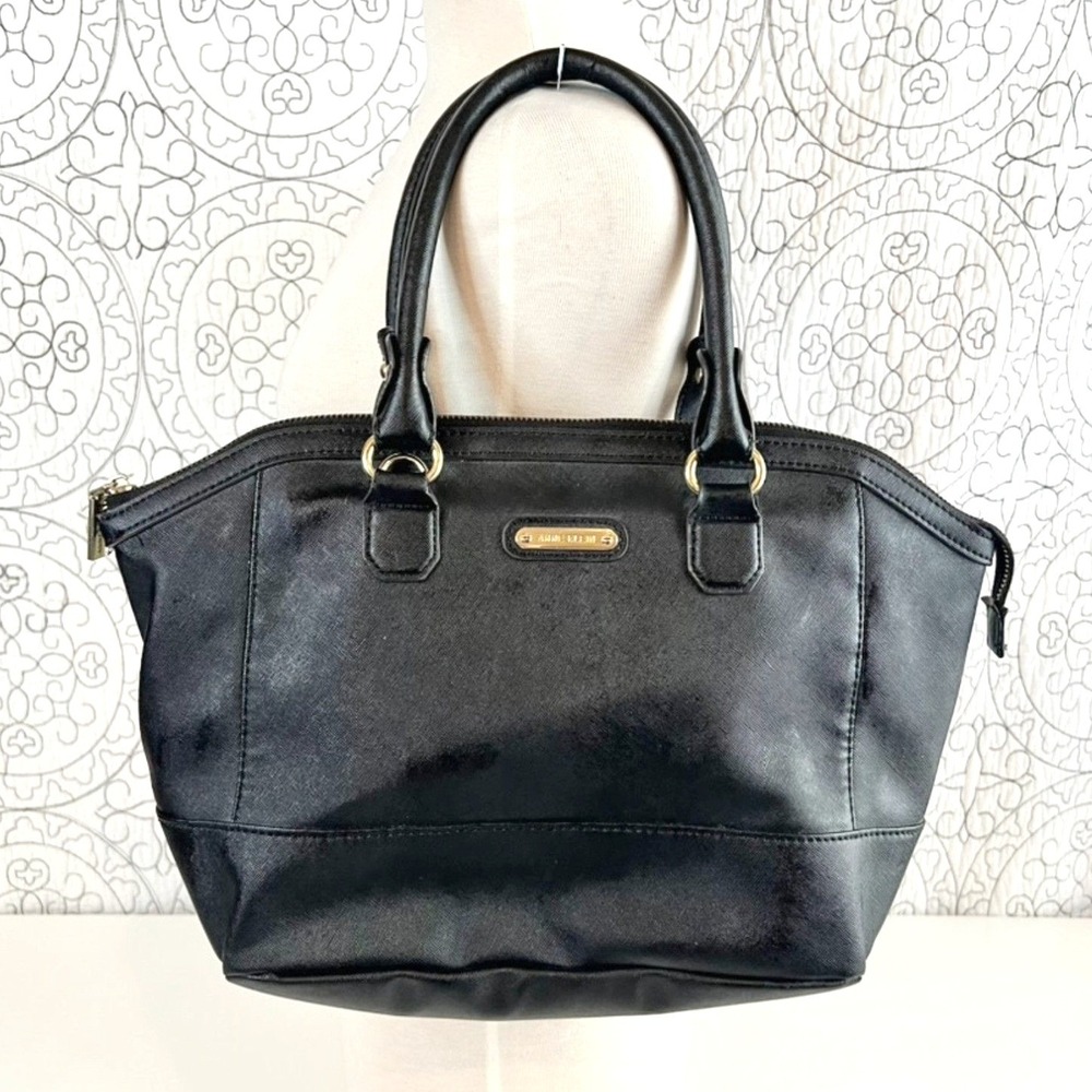 Anne Klein Women's Black‎ Faux Leather Satchel Bag Gold Hardware Zip Top Handle